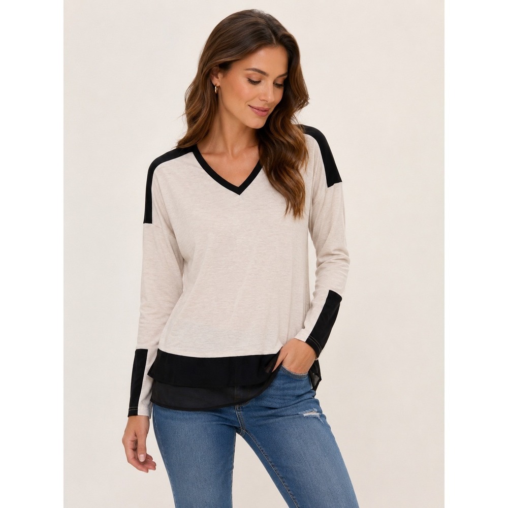 Falcon & Bloom Womens Colorblock V-Neck Top Bamboo Silk Blend Cream Black S NWT